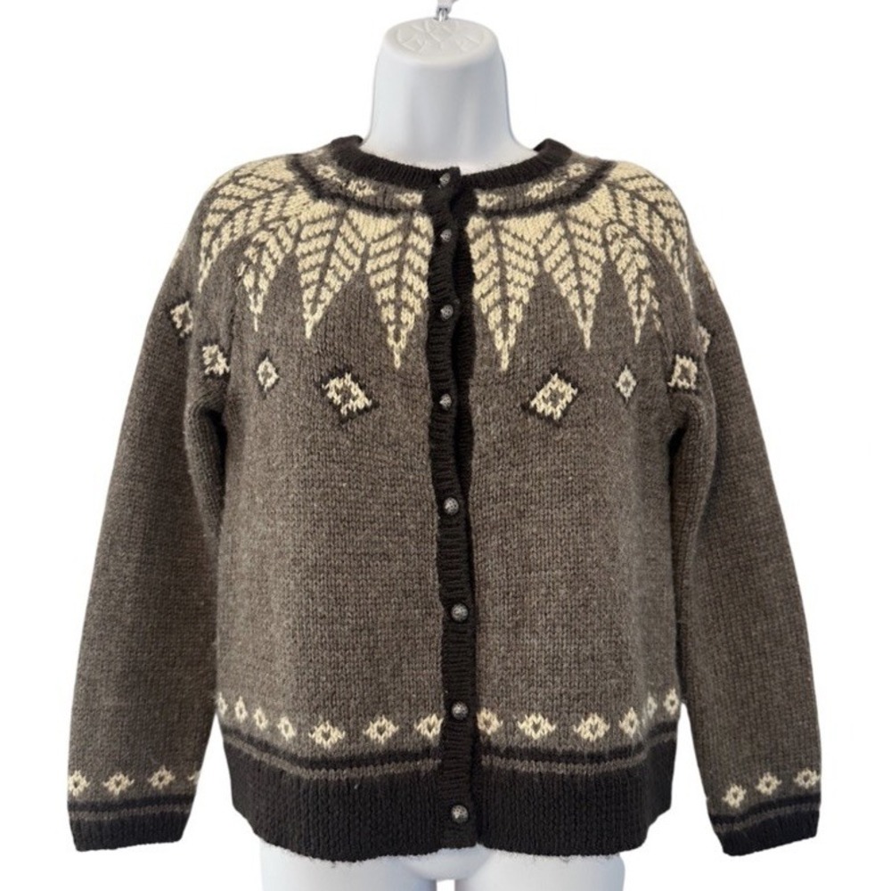 J.Jill Women's XS Petite Gray Ivory Fair Isle Wool Bl Nordic Cardigan